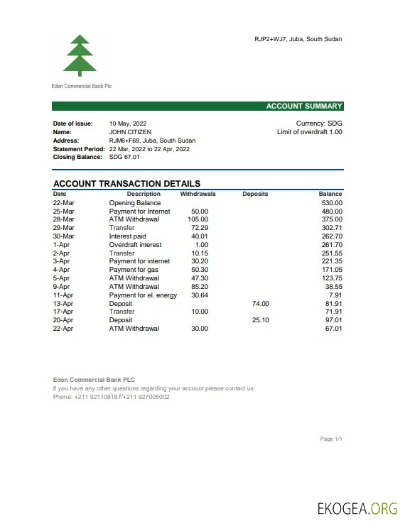 Relevé de la South Soudan Eden Commercial Bank, modèle Excel et PDF